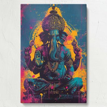 Sacred wall art of Hindu deity Lord Ganesha designed with vibrant blue and gold hues, intricate crown details, and symbolic hand gestures, exuding spiritual energy and serving as a powerful centerpiece for meditation or cultural decor.