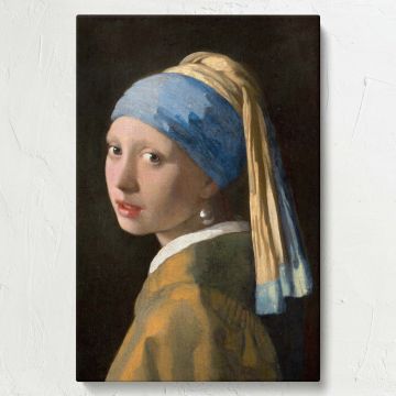 Famous painting Girl with a Pearl Earring by Johannes Vermeer, portraying a young girl in a blue and gold turban with a pearl earring, her face delicately illuminated against a shadowy background, exuding elegance and quiet mystery.