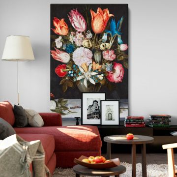 Timeless masterpiece Flowers in a Glass (1606) by Ambrosius Bosschaert, capturing vibrant tulips, roses, and lilies arranged in a glass vase, accompanied by detailed insects and a butterfly, set against a striking dark background for depth and contrast.
