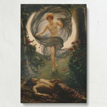 The Vision of Endymion (1902) by Edward John Poynter portrays a mythological scene with Selene, the moon goddess, descending to gaze lovingly at the sleeping mortal Endymion, surrounded by moonlit forest scenery and soft glowing light.