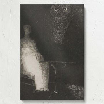 Ethereal and symbolic, Odilon Redon's I Continued to Gaze on the Chair and Fancied I Saw on It a Pale Blue Misty Outline of a Human Figure, Plate 1 displays a glowing ghostly figure surrounded by shadows, haunting eyes, and a mysterious atmosphere.