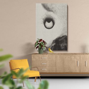 Everywhere Eyeballs Are Aflame Plate 9 from The Temptation of Saint Anthony by Odilon Redon is a monochrome Symbolist masterpiece featuring a single glowing eye in the sky, symbolizing divine power and inner reflection against a dark mountain landscape.