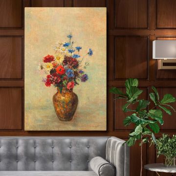 Flowers in a Vase (1910) by Odilon Redon features a vibrant bouquet of red, blue, yellow, and white flowers arranged in a rustic earthy vase against a soft pastel background, showcasing delicate brushstrokes and dreamlike elegance in classic floral art.