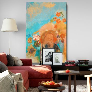Odilon Redon's 1912 painting Evocation of Roussel portrays a tranquil, golden-lit figure surrounded by vibrant flowers and set against an ethereal blue sky, blending dreamlike symbolism with introspective and meditative themes in fine art expression.