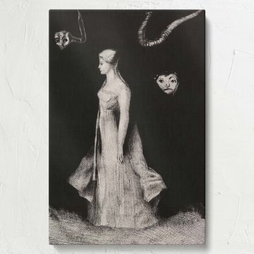 Haunting by Odilon Redon (1893-1894) features a spectral woman in a long gown standing in a shadowy, dreamlike void surrounded by surreal floating faces and bizarre horn-like figures, creating a deeply mysterious and emotional scene.