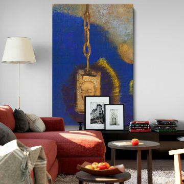 Odilon Redon's The Beacon features a symbolic suspended head hanging from a thick golden chain glowing with radiant light against a deep celestial blue background, reflecting spiritual contemplation and surreal beauty in an expressive painting.