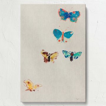 Classic art print Five Butterflies by Odilon Redon, painted in 1912, illustrating five colorful butterflies with intricate details, rich hues, and delicate watercolor brushstrokes on a minimalist background, capturing a poetic and whimsical essence.