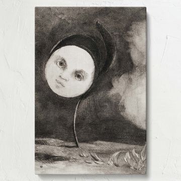 Odilon Redon's 1880 masterpiece "Strange Flower Little Sister of the Poor," a surreal black and white lithograph with a symbolic face growing from a flower stem, evoking mystery and emotion against a shadowy, textured background.