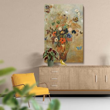 This canvas print of "Still Life with Flowers" by Odilon Redon from 1905 depicts a colorful bouquet of flowers in a vase surrounded by intricate butterfly designs, evoking a harmonious blend of nature's beauty and artistic creativity.