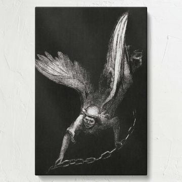 Ethereal black-and-white art by Odilon Redon portraying an angelic figure descending with glowing wings, holding a chain and a key, surrounded by a surreal aura of light and shadow in this captivating depiction of divine intervention.