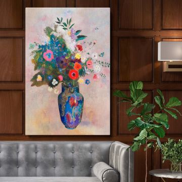 A vibrant still life painting showcasing a collection of colorful blooming flowers arranged elegantly in a decorative vase, set against a light pastel background, perfect for wall art or home decor to add a touch of elegance and beauty to any space.