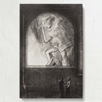 Artistic reproduction of Light by Odilon Redon as a wall canvas, displaying a monumental face in an arched window and two human figures below, emphasizing philosophical themes through its dramatic contrasts of light and shadow.