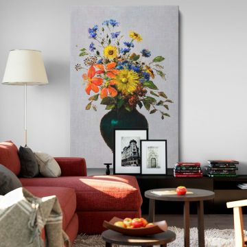 Unique still life wall art featuring a rustic green vase filled with blooming yellow, blue, and orange flowers, highlighted against a neutral background with intricate details and bold colors that enhance modern, traditional, or farmhouse-style interiors.