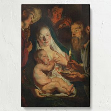 Artistic wall canvas of The Holy Family with Shepherds by Jacob Jordaens showcasing a tender candlelit moment with Mary, the Christ Child, and shepherds, their faces glowing warmly in a dramatic Baroque composition full of reverence and emotion.