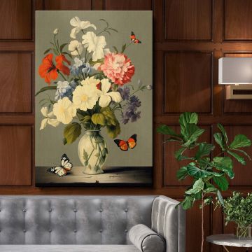 Wall canvas of Vermeer-inspired butterfly and flowers in a vase featuring a vibrant bouquet with red, pink, and white flowers, surrounded by butterflies and set against a muted green background illuminated by soft natural light.