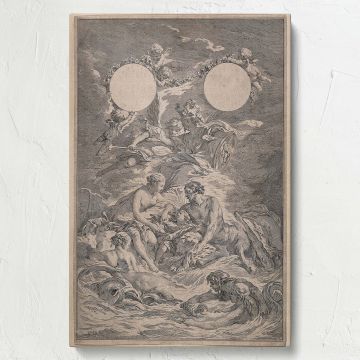 Mythological wall decor featuring King Louis XV, Venus, and a centaur in a classical educational scene, depicted with cherubs and flowing drapery in a detailed etching style that adds elegance and artistic history to any room.