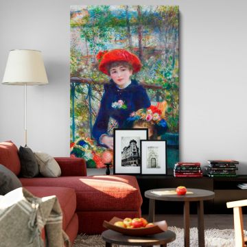 Two Sisters (On the Terrace) by Pierre-Auguste Renoir, a masterpiece of impressionist art featuring two young girls surrounded by colorful flowers, lush garden scenery, and tranquil waters, reproduced on canvas for elegant wall decor.