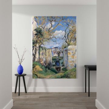 Famous Pissarro painting Landscape from Pontoise featuring a tranquil rural setting with a woman and wheelbarrow in the foreground, surrounded by lush greenery, stone walls, and clear blue skies in impressionist tones.