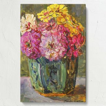 Still life artwork by Floris Verster portraying a green jar filled with zinnias in vivid pink, yellow, and white shades, showcasing expressive textures and a rustic charm, perfectly capturing the delicate essence of the flowers in a serene setting.
