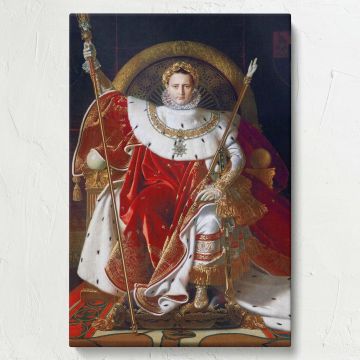 Canvas art of Napoleon I on His Imperial Throne by Jean Auguste Dominique Ingres, a timeless 1806 masterpiece that captures the grandeur of Napoleon's reign, offering a regal and historically significant addition to home or office decor.