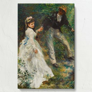Beautiful canvas of Renoir's La Promenade, depicting a romantic moment between a couple in nature, surrounded by vibrant foliage and painted in soft Impressionist brushstrokes, perfect for art-inspired and nature-themed interior decor.