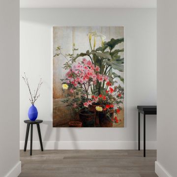Stunning reproduction of Side of a Greenhouse by George Cochran Lambdin, featuring blooming flowers in pots with vibrant colors and soft lighting, creating a calming botanical atmosphere for artistic and elegant interior design.