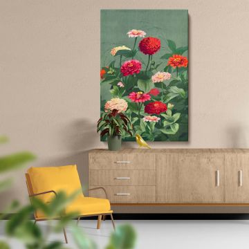Exquisite canvas print of Flowers 1884 by L. Prang & Co, featuring a harmonious composition of colorful zinnias and soft greenery, bringing vintage botanical charm and timeless floral beauty to your home, office, or gallery wall decor.