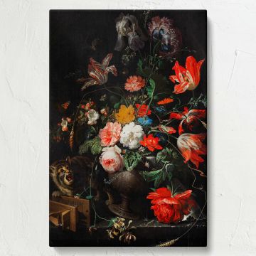 Stunning Baroque-style wall art canvas of "The Overturned Bouquet" by Abraham Mignon, with intricate floral details, a curious cat, and dramatic shadows, perfect for creating a timeless artistic statement in any traditional or modern home.