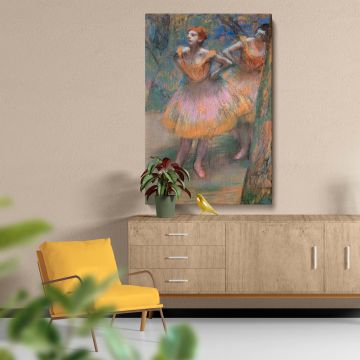 Decorative canvas print of "Two Dancers" by Edgar Degas, featuring ballerinas in soft flowing skirts with vibrant pastel colors and intricate brushwork, designed to bring graceful movement and impressionist artistry into your living room or bedroom.