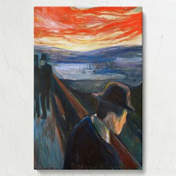 Beautiful decorative wall canvas print of Edvard Munch's "Despair," showcasing a dramatic red sky, a pensive figure, and expressive brushwork, designed to enhance your space with timeless impressionist artistry and emotional resonance.
