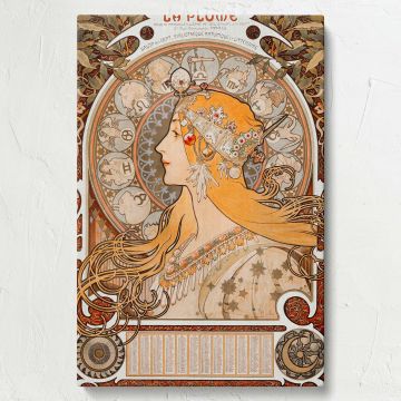 Elegant wall art canvas of Alphonse Mucha's "Zodiaque," with a beautifully adorned female figure surrounded by zodiac symbols and ornate patterns, perfect for adding timeless Art Nouveau beauty to any traditional or modern interior.