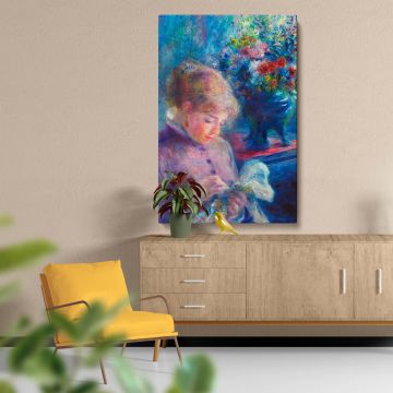 Stunning reproduction of Pierre-Auguste Renoir's "Young Woman Sewing," with vibrant colors, intricate details, and soft lighting, ideal for bringing impressionist beauty and refinement to your living space or gallery wall.
