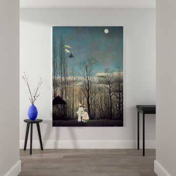 Decorative canvas print of "Carnival Evening" by Henri Rousseau, featuring a surreal moonlit forest with carnival figures and intricate tree details, ideal for enhancing your space with dreamlike elegance and artistic sophistication.