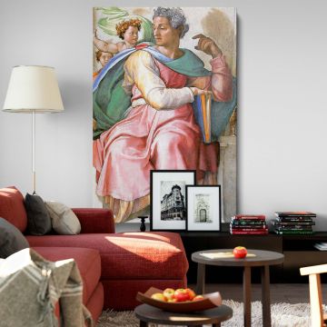Stunning wall art canvas of Michelangelo Buonarroti's "Isaiah," featuring rich Renaissance colors, symbolic elements, and flowing robes, perfect for adding historic and artistic refinement to any living room, study, or office.