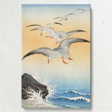 Premium-quality wall canvas of Ohara Koson's "Five Seagulls Above Turbulent Sea," highlighting dynamic waves, soaring seagulls, and a warm golden horizon, perfect for enhancing any room with timeless artistic beauty and Japanese woodblock refinement.