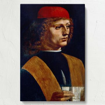 Premium-quality wall canvas of da Vinci's "The Portrait of a Musician," featuring detailed Renaissance artistry with lifelike textures and soft lighting, designed to bring timeless beauty and historical significance to any interior.