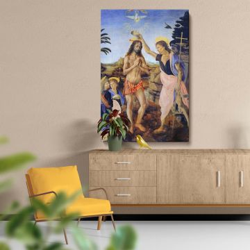 Famous painting Baptism of Christ by Leonardo da Vinci, showcasing Jesus, John the Baptist, and angels in a serene natural setting with radiant divine light, meticulously recreated as a wall art canvas for Christian homes or art collectors.