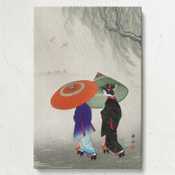 Ohara Koson's Two Women in the Rain portrays a delicate scene with two women holding umbrellas as soft rain falls, surrounded by swaying willow branches and an ethereal backdrop of mist-covered landscapes, emphasizing traditional Japanese elegance.