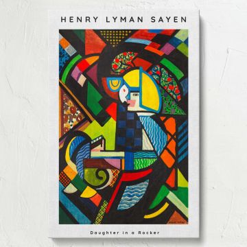 Henry Lyman Sayen's abstract artwork Daughter in a Rocker, highlighting bold shapes, bright colors, and innovative design elements, creating a visually captivating modernist wall canvas for artistic home interiors or gallery spaces.
