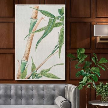 Japanese bamboo wall art canvas inspired by Megata Morikaga featuring intricate botanical details of green bamboo leaves and stems with a vintage aesthetic, perfect for enhancing living room, bedroom, or office decor with a timeless, elegant design.