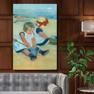 Mary Cassatt's Children Playing on the Beach 1884 painting reproduced on a wall canvas showing two children playing with buckets on a sandy beach near calm blue waters, offering a serene and timeless Impressionist art piece for elegant home decor.
