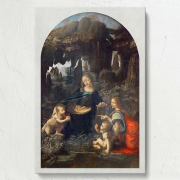 Leonardo da Vinci's Virgin of the Rocks wall canvas showing serene religious figures with soft light and natural rocky surroundings, offering a timeless decor option for Renaissance art enthusiasts and classic interior designs.