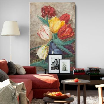 Dutch floral masterpiece Tulips in a Vase by Sientje Mesdag-van Houten as a wall canvas showing a vivid arrangement of tulips in earthy tones with a rustic blue vase, ideal for creating a serene and artistic ambiance in any interior.