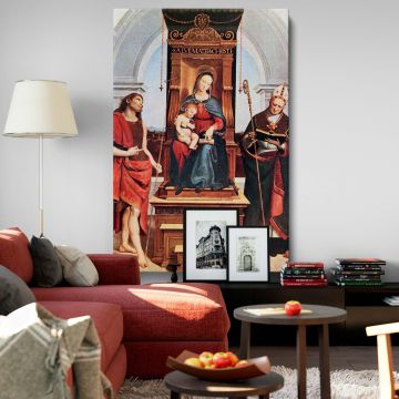 High-quality wall canvas of Raphael's Ansidei Madonna featuring Mary and Jesus in a serene Renaissance scene with saints, offering timeless beauty and intricate details for art enthusiasts and lovers of traditional or religious decor.