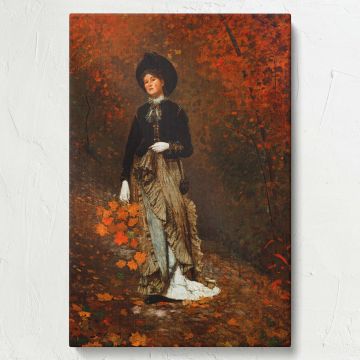 Autumn - Woman in Fall Forest with Gold Leaves By Winslow Homer  