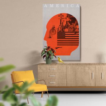 Modern art print combining abstract design with a bright orange head silhouette filled with intricate industrial elements, cultural icons, and the American flag, designed to inspire conversation and enhance any living or working space.