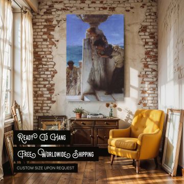 High-quality canvas wall print of Alma-Tadema's A Foregone Conclusion showing classical Roman figures engaged in a silent exchange. Elegant drapery, carved white marble, and a scenic seascape come together in soft blue and ivory tones. This piece enriches