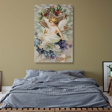 High-quality reproduction of a 1908 Christmas angel postcard printed on durable canvas, featuring Victorian-style holiday artwork with intricate details, a beautiful addition to seasonal home decor, festive interiors, or nostalgic gift collections.