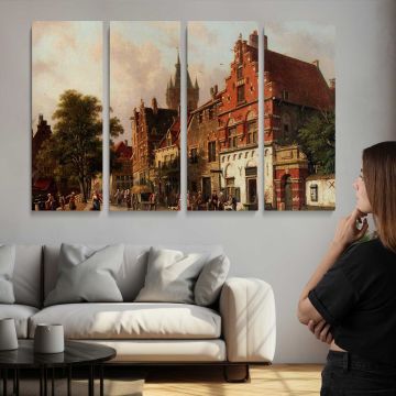 A View in Delft by Adrianus Eversen - multi-panel canvas displayed above a sofa