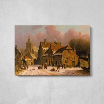 A Village in Winter by Adrianus Eversen - canvas rear frame and hanging hardware